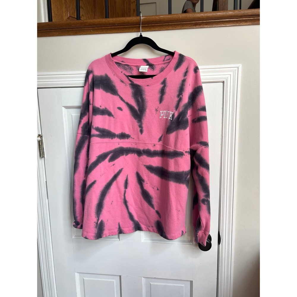 Victorias Secret Pink Varsity Crew Sweater Jacket Top Dahlia Print XL tie-dye